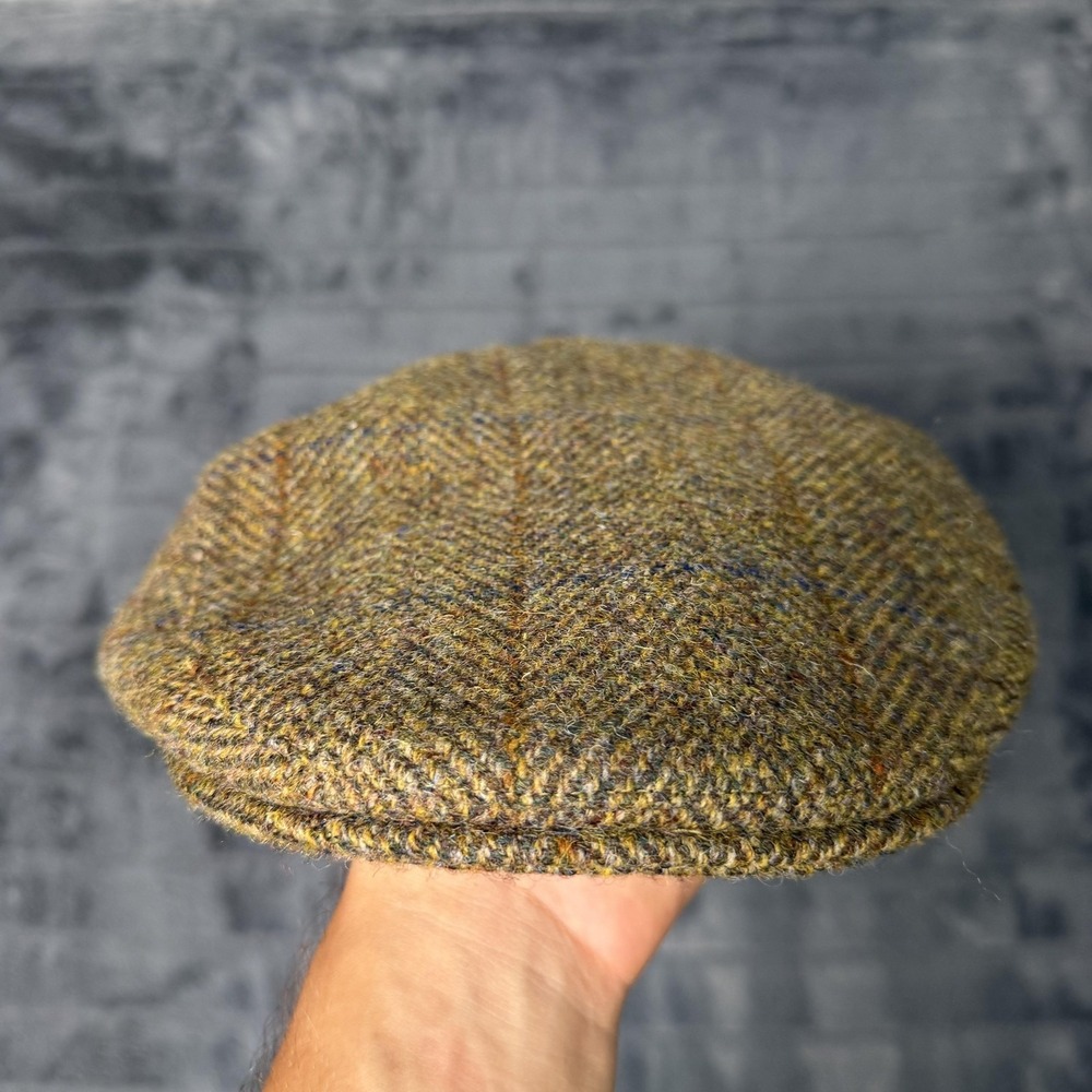 Harris Tweed Hat Flat Cap Mens One Size Brown Herringbone Wool Lined Classic